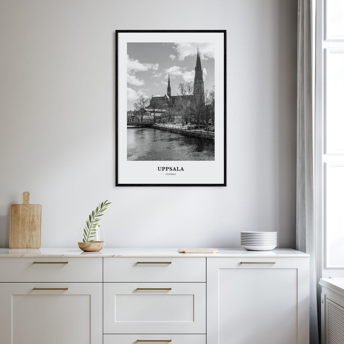 Uppsala Sweden Cathedral River Reflections Monochrome Art Poster - Image 2
