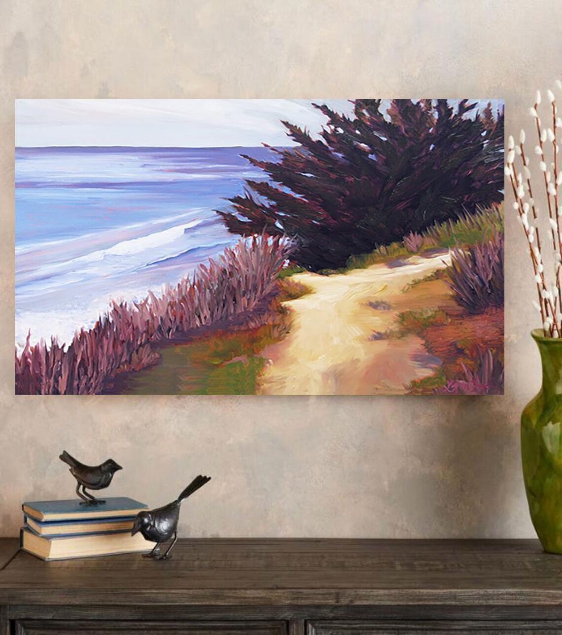 Ellwood Beach Cypress Tree Bluff Path Misty Ocean Painting Poster - Image 4