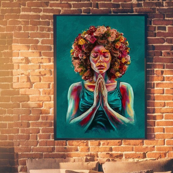 Praying Woman With Floral Halo Portrait Spiritual Meditation Art Poster