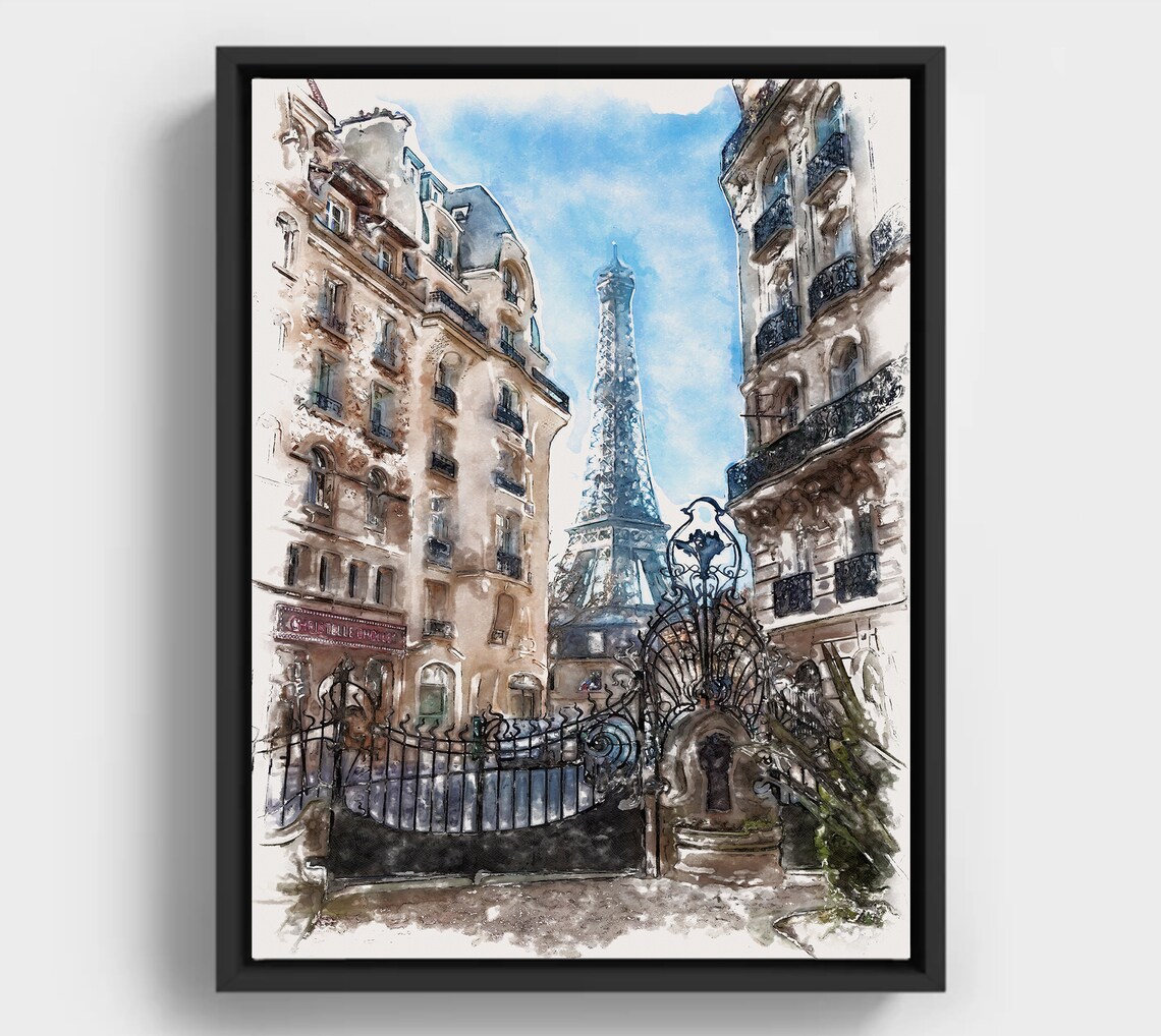Eiffel Tower Courtyard View Watercolor Paris Cityscape Wall Art