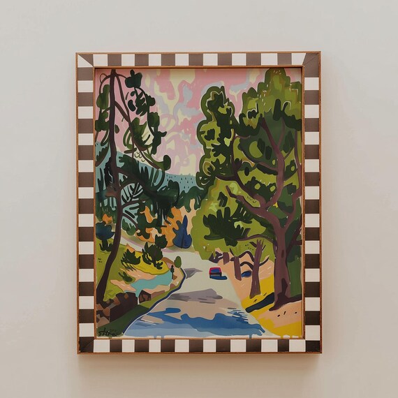 Colorful Fauvist Forest Road Painting With Pink Sky Wall Art