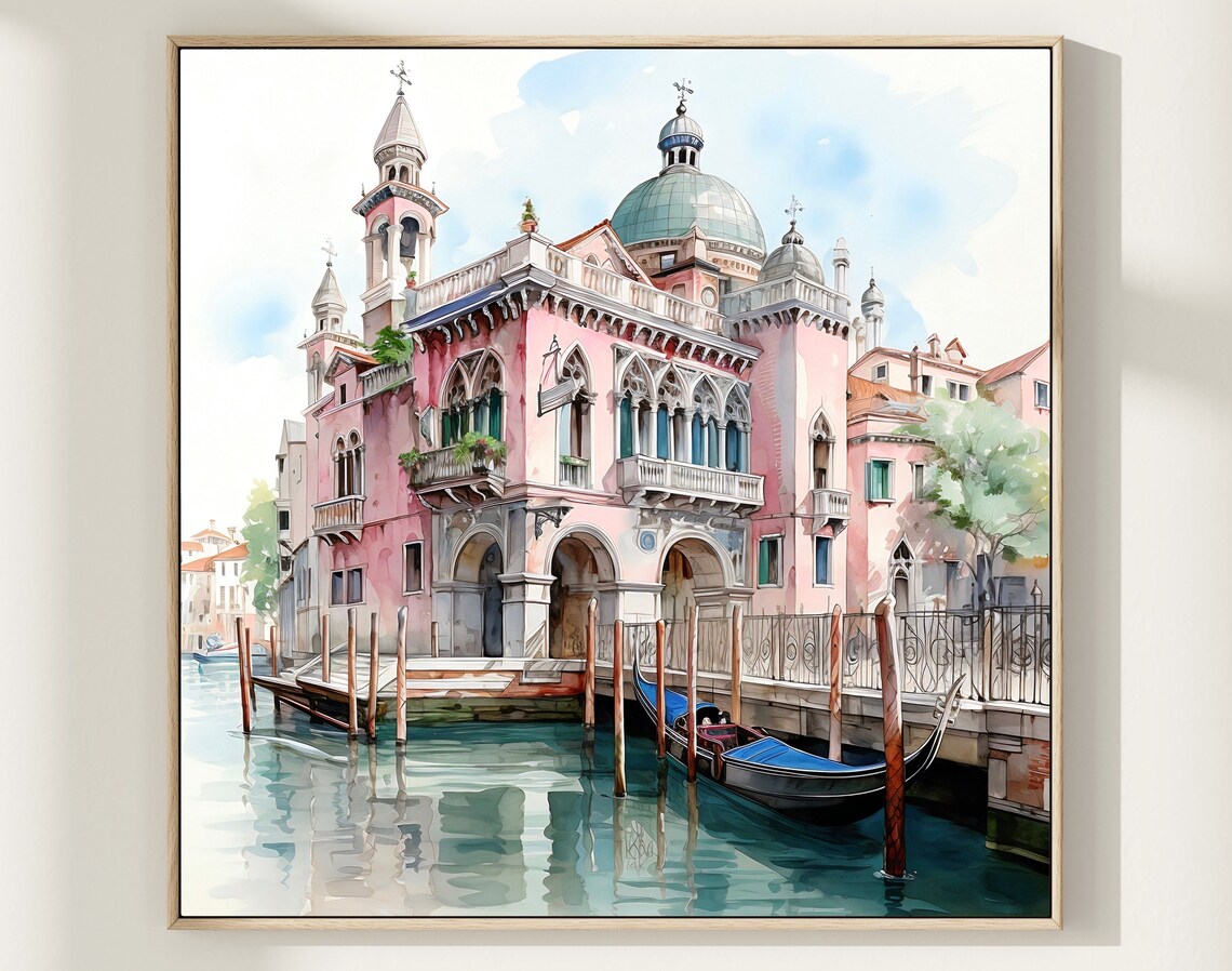 Venice Italy Watercolor Pink Palazzo Gondola Canal Scene Poster