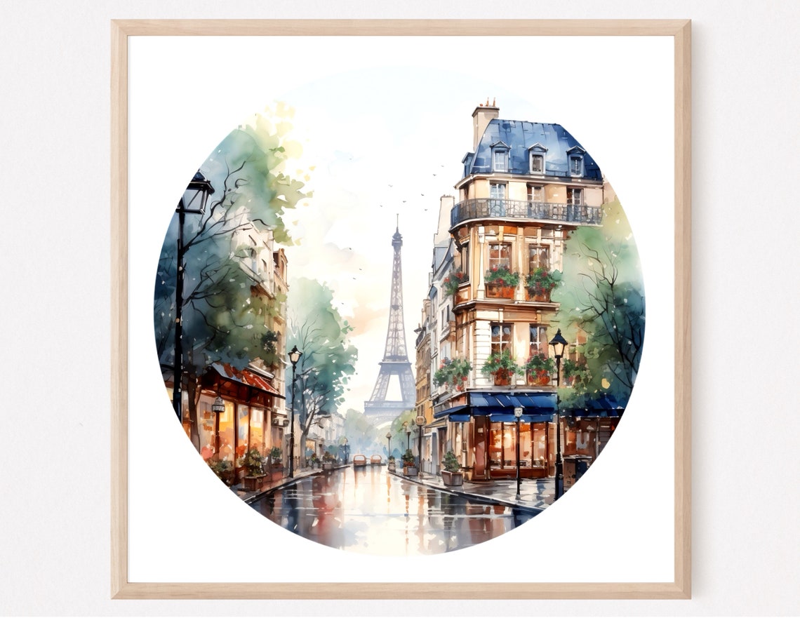 Paris Eiffel Tower Watercolor Rainy Street Circular Travel Poster