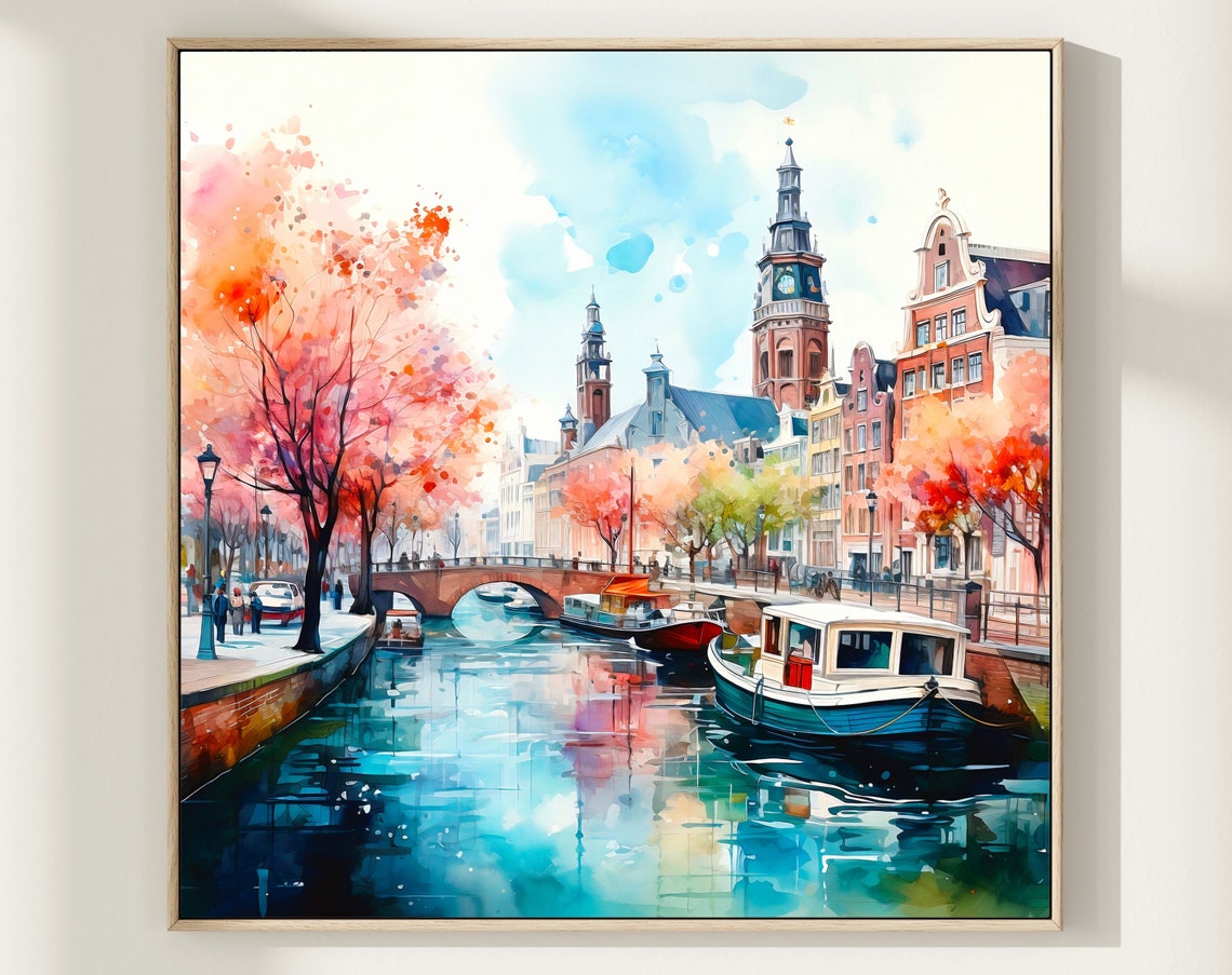 Amsterdam Canal Spring Cherry Blossom Boats Watercolor Wall Art