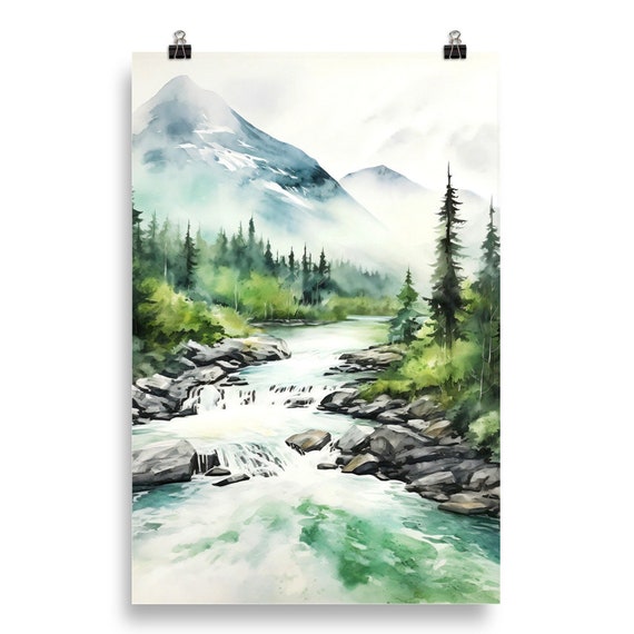 Mountain River Watercolor Print Blue Green Landscape Art