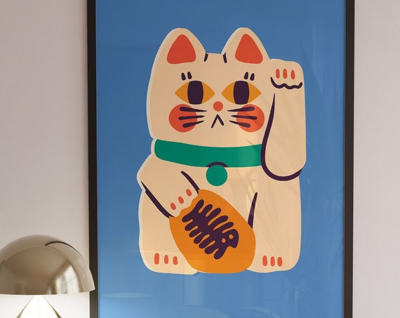 Lucky Cat Art Print, Lunar New Year Bedroom Decor