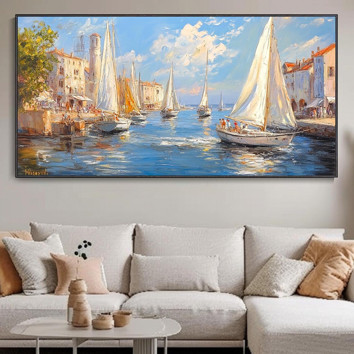 Mediterranean Harbor Sailboats White Buildings Seascape Wall Art