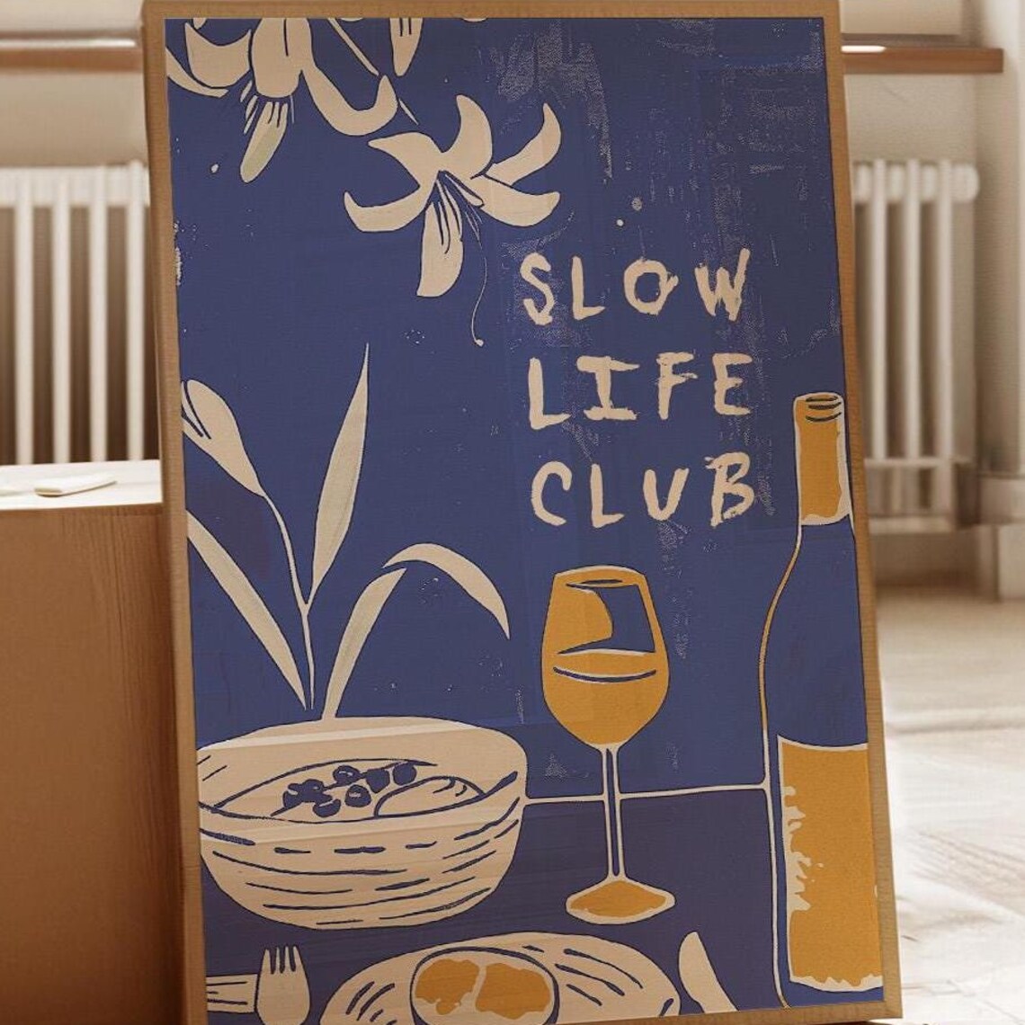 Slow Life Club Navy Blue Wine Breakfast Moody Retro Art Poster