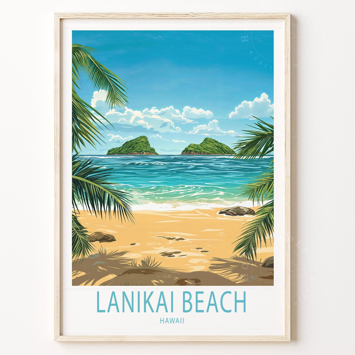 Lanikai Beach Hawaii Twin Islands Palm Framed Shore Travel Poster