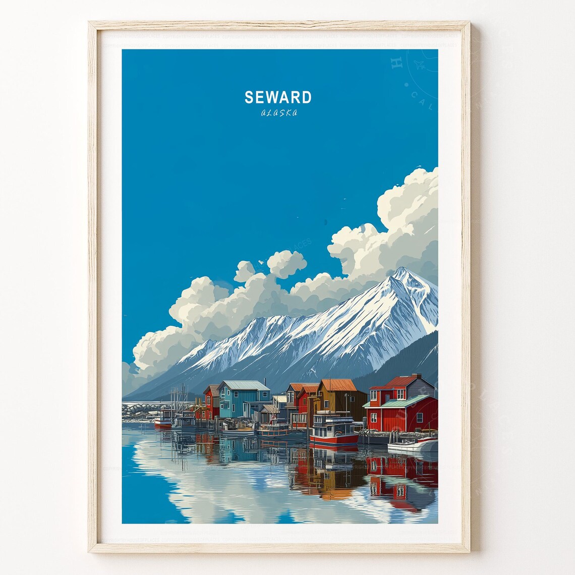 Seward Alaska Waterfront Cabins Fishing Boats Blue Sky Travel Poster