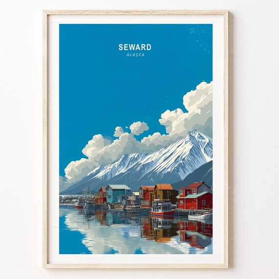 Seward Alaska Waterfront Cabins Fishing Boats Blue Sky Travel Poster