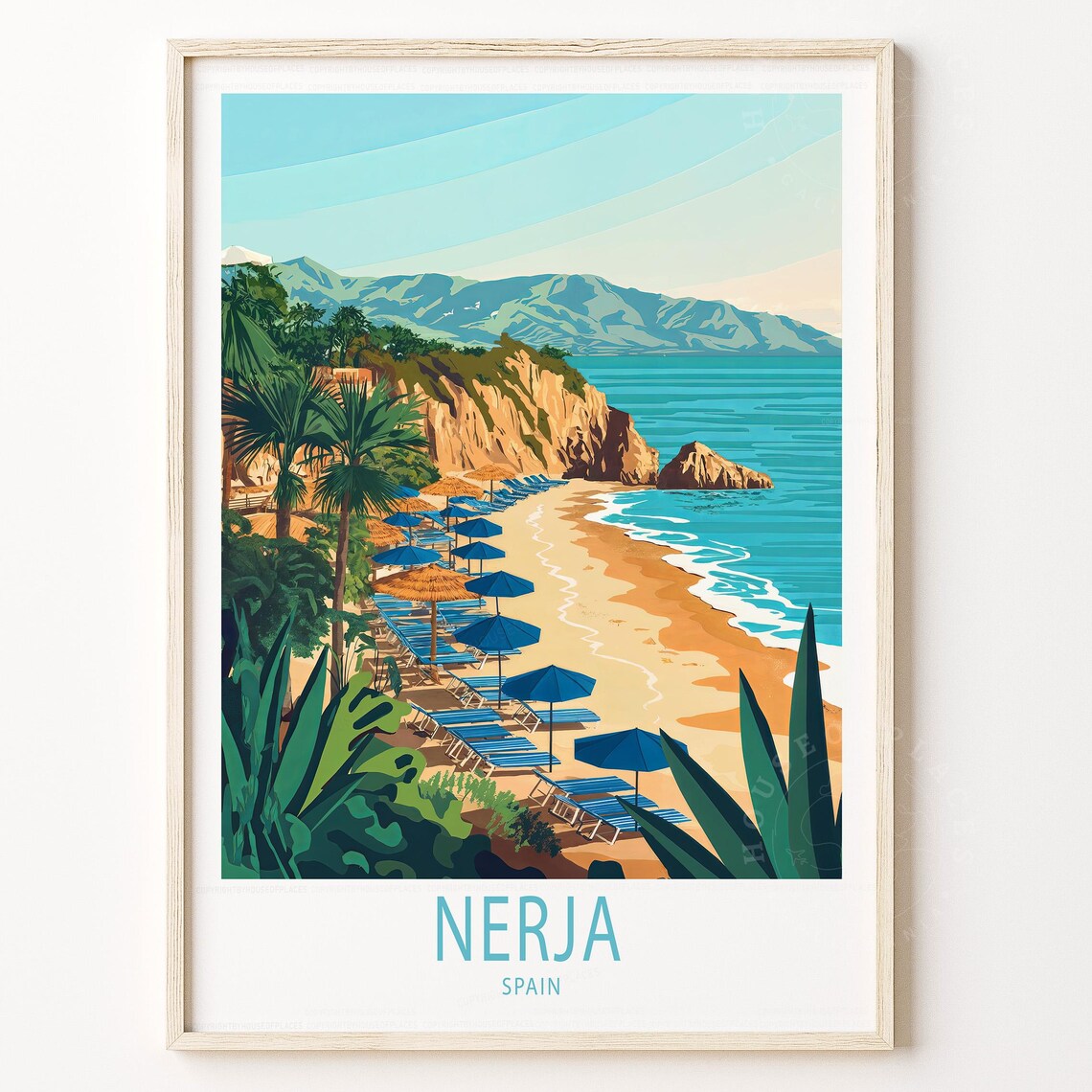 Nerja Spain Beach Travel Poster Blue Umbrellas Cliffs Palm Trees Art