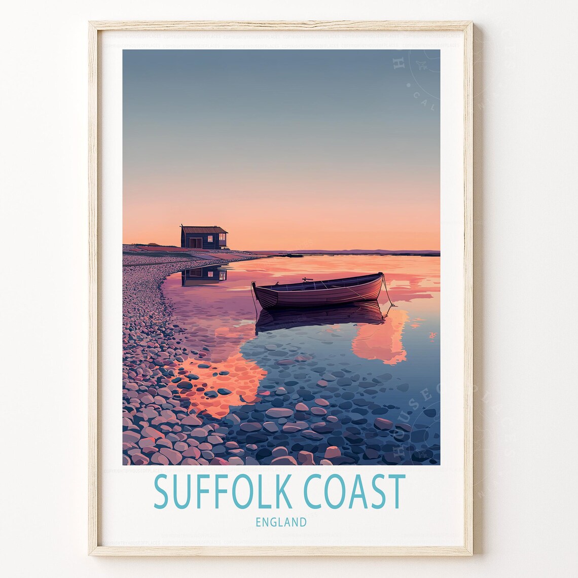 Suffolk Coast England Sunset Rowboat Shingle Beach Retro Travel Poster