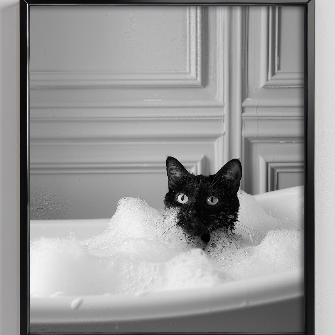 Black Cat In Bubble Bath Black And White Funny Animal Poster