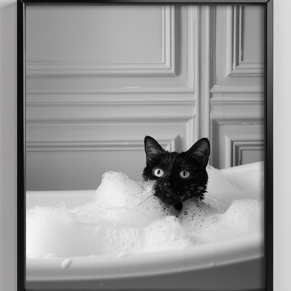 Black Cat In Bubble Bath Black And White Funny Animal Poster