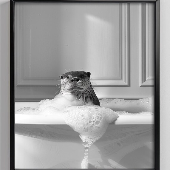 Otter In A Bathtub Wall Art Print Animal Bathroom Poster Black And White Dopamine Decor Housewarming Gift