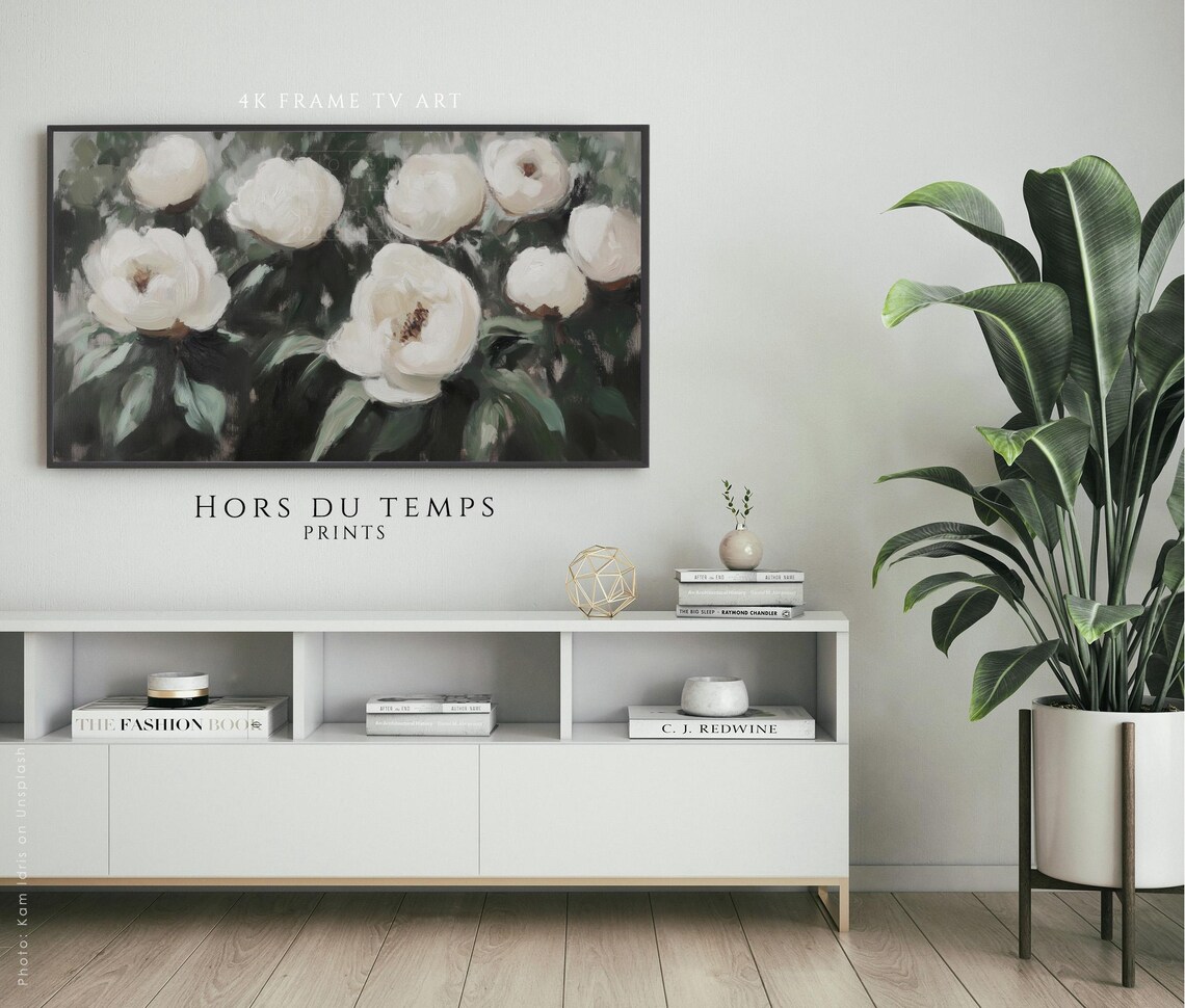 White Peonies Dark Green Foliage Moody Floral Oil Painting Poster - Image 2