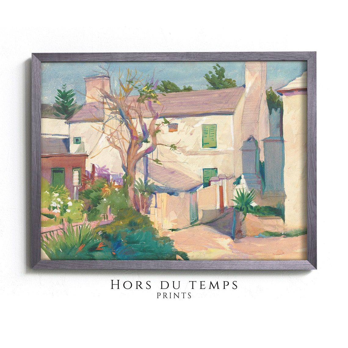 Sunny Village Courtyard Whitewashed House Vintage Art Poster