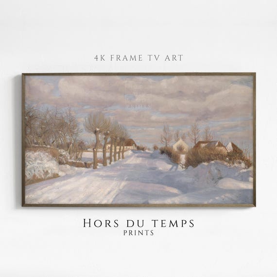 Muted Snowy Village Farmhouse Road Landscape Art For Frame Tv Vintage Cottagecore Painting Hors Du Temps Prints