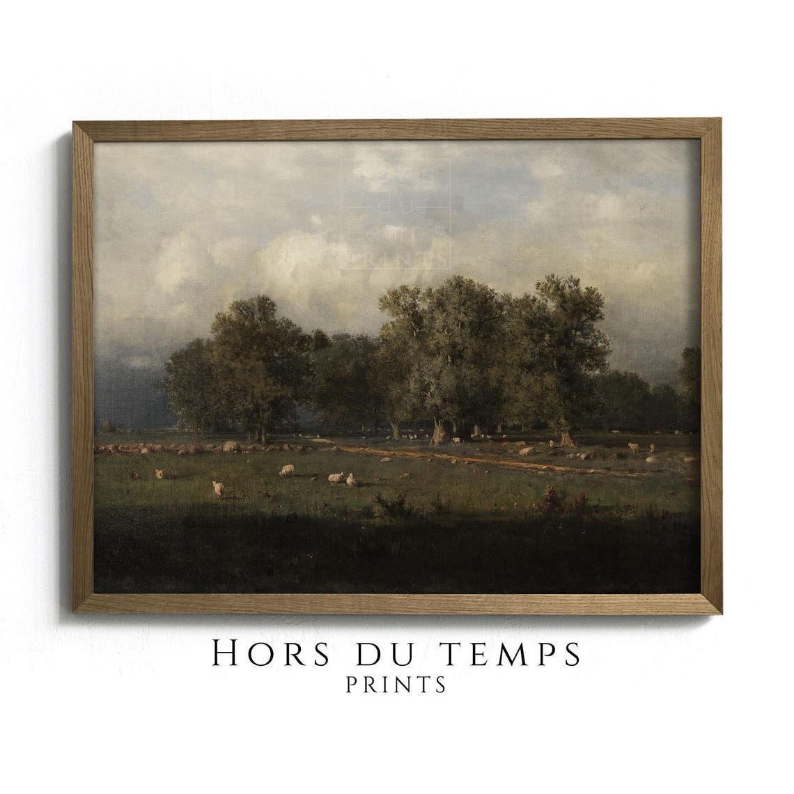 Sheep Grazing Green Pasture Tree Grove Cloudy Sky Rustic Farm Poster