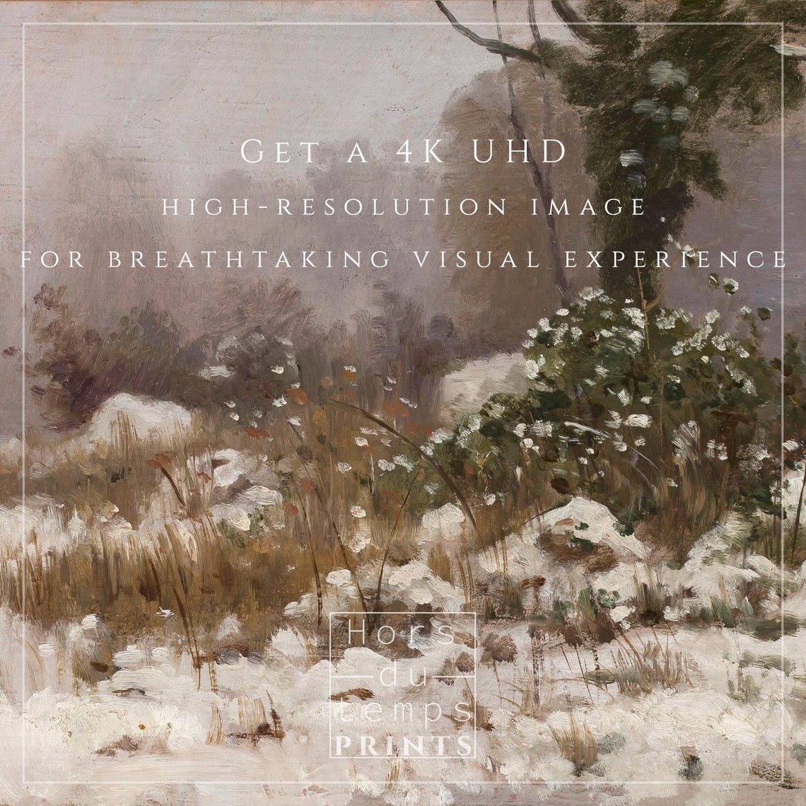 Snowy Bushes and Trees in a Misty Field Winter Study Vintage Poster - Image 2