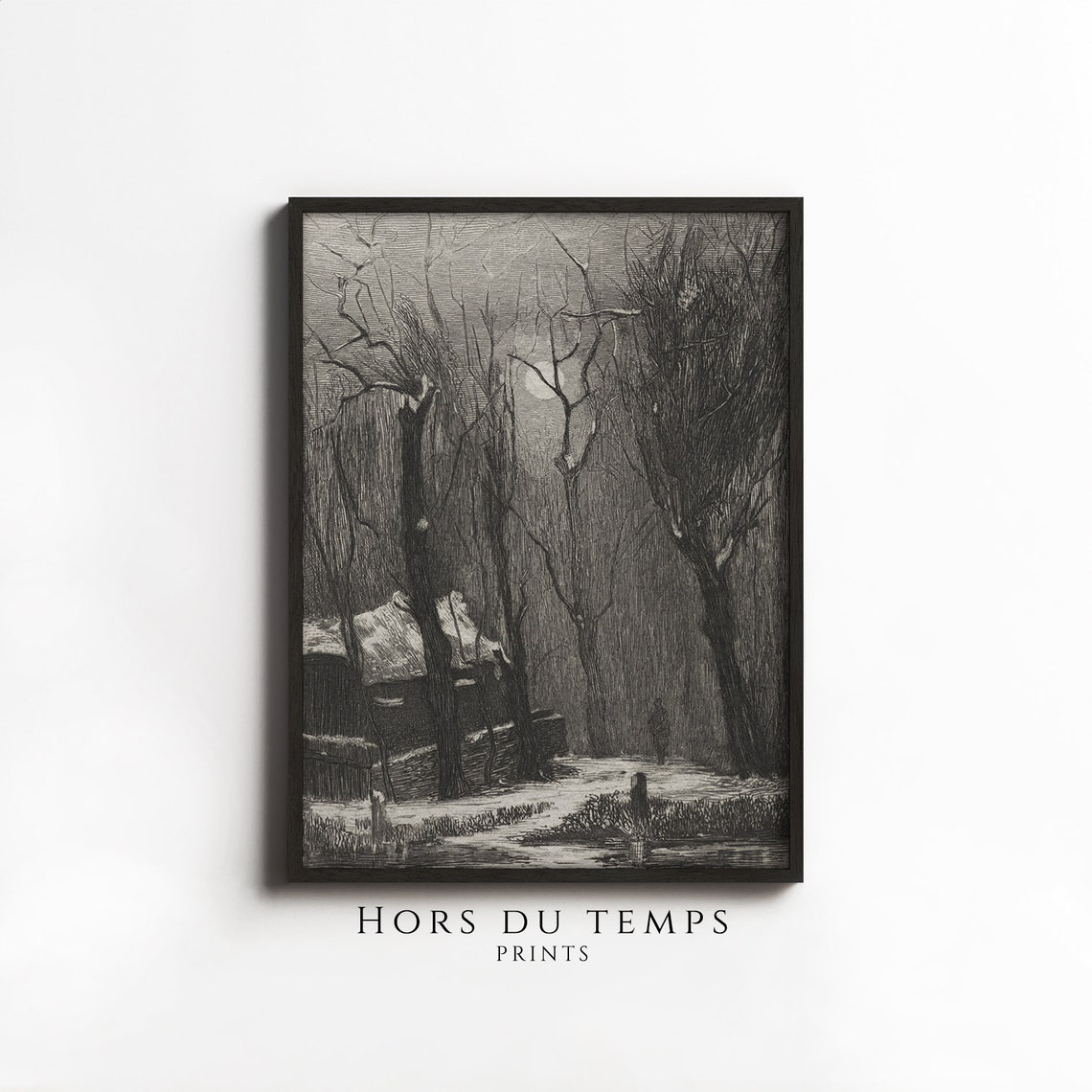 Moonlit Haunted Forest Cabin Vintage Engraving Halloween Art Poster