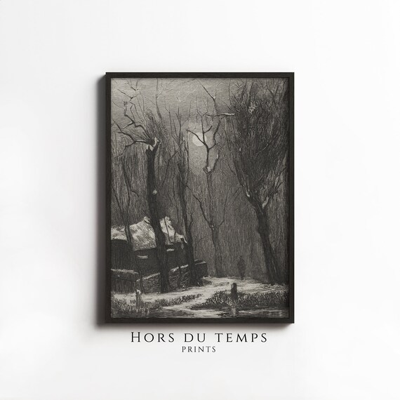 Moonlit Haunted Forest Cabin Vintage Engraving Halloween Art Poster
