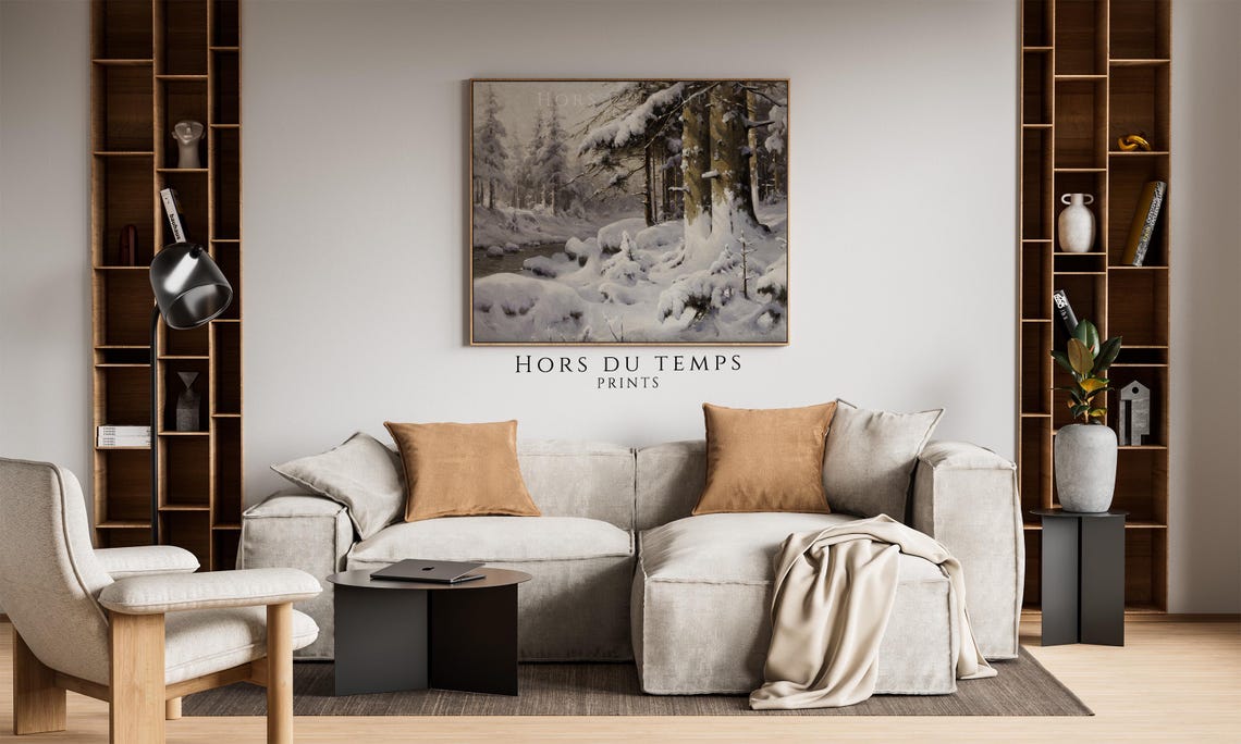 Snow Laden Spruce Forest with Icy Stream Winter Painting Poster - Image 2