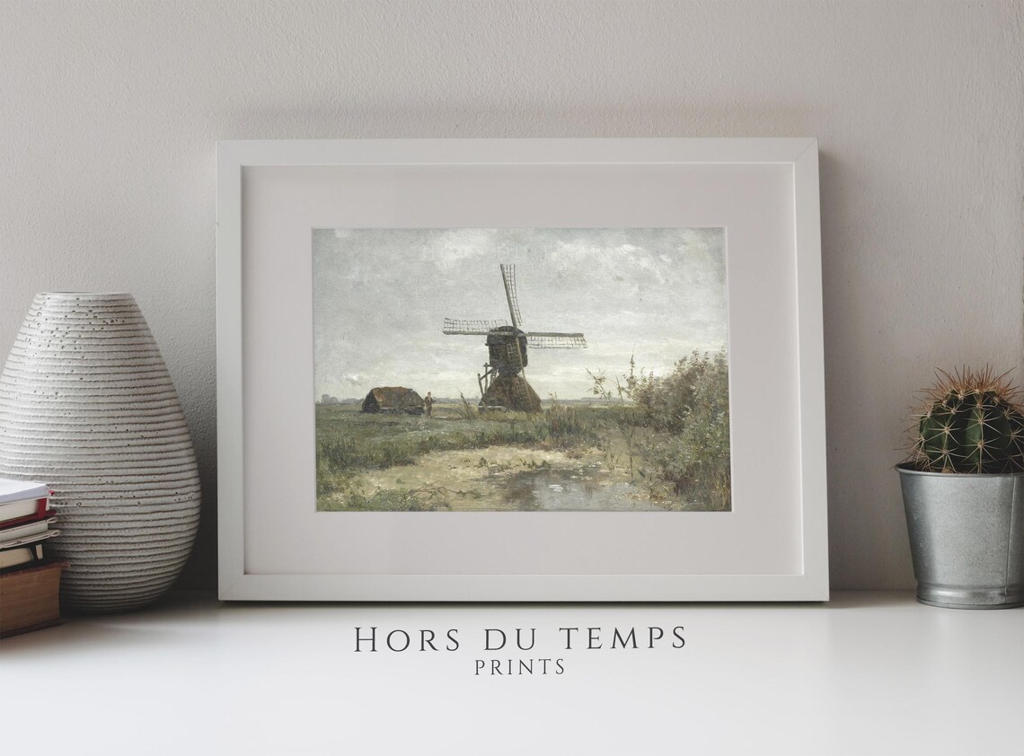 Vintage Dutch Windmill Countryside Canal Muted Oil Painting Poster - Image 2