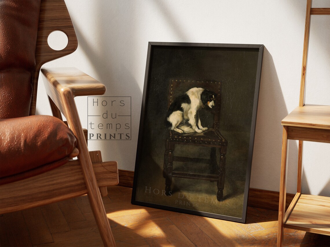 Tricolor Spaniel Dog on Antique Leather Chair Painting Poster - Image 2