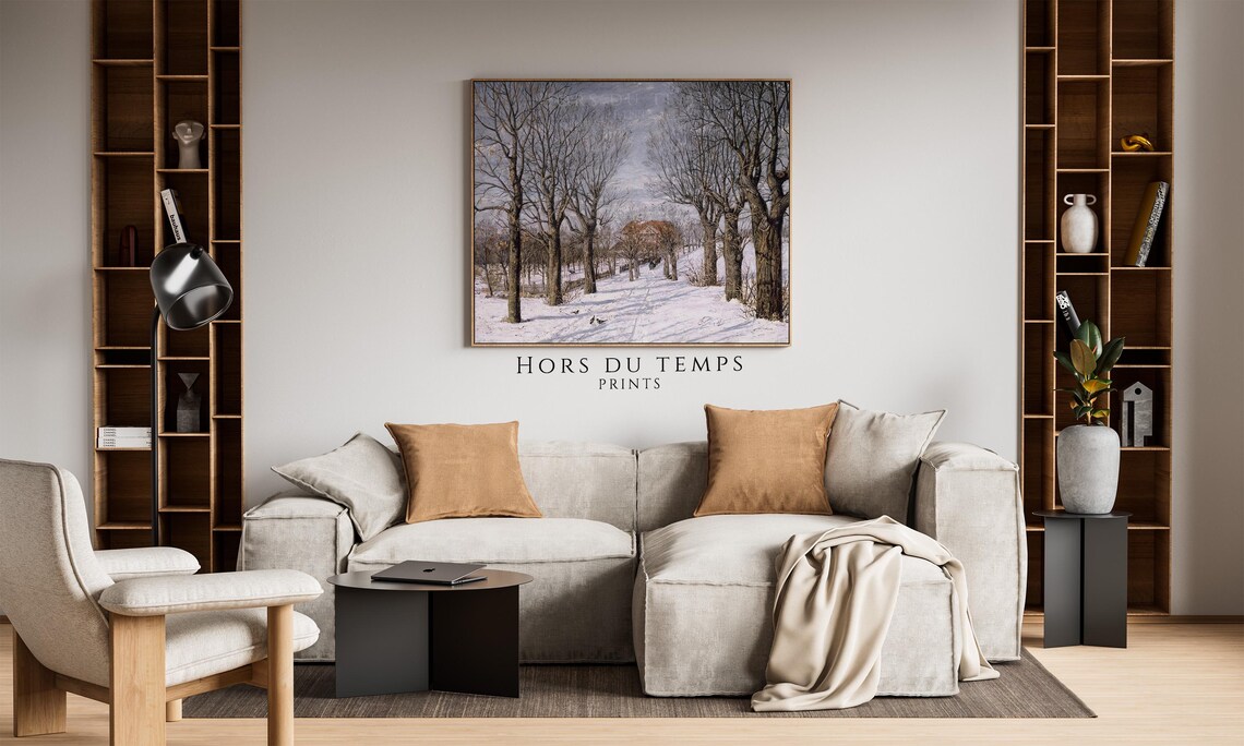 Snowy Village Farmhouse Avenue Realistic Winter Lane Birds Art Poster - Image 2