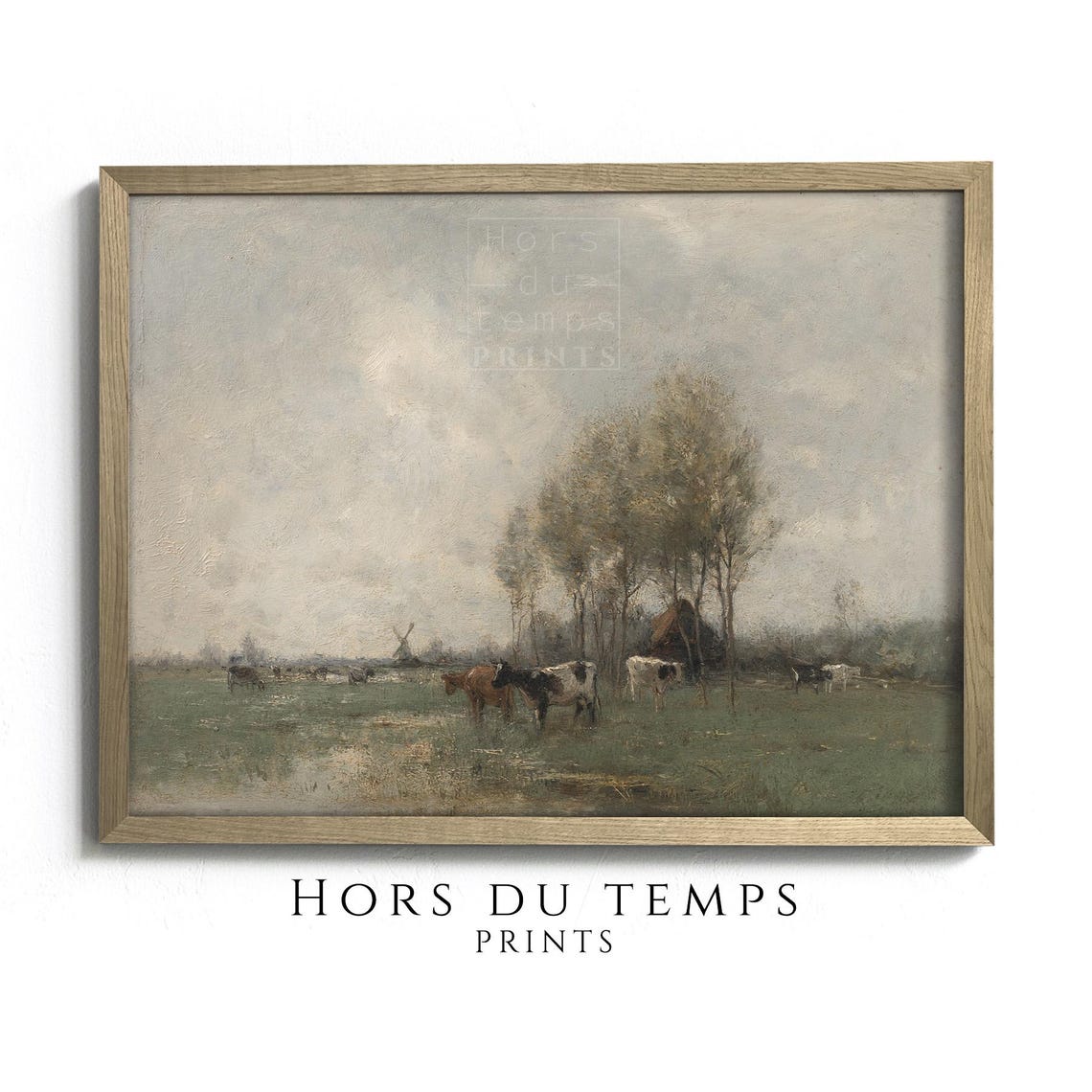 Vintage Cows Misty Pasture Distant Windmill Meadow Art Poster