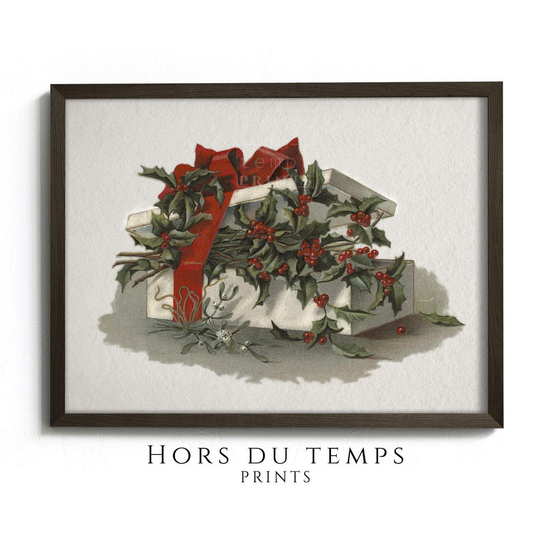 Vintage Christmas Gift Box with Holly and Berries Holiday Art Poster