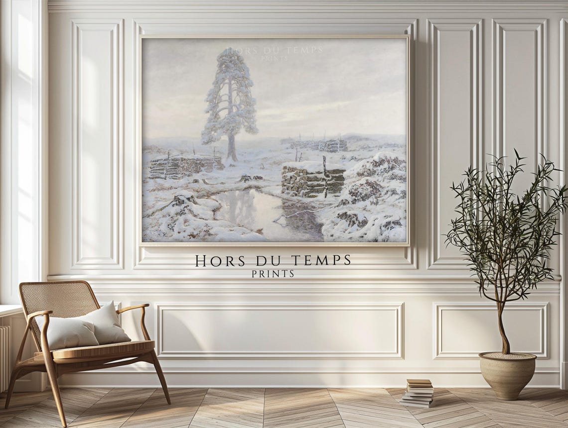 Lone Snowy Pine Tree in a Foggy Field Winter Landscape Poster - Image 2