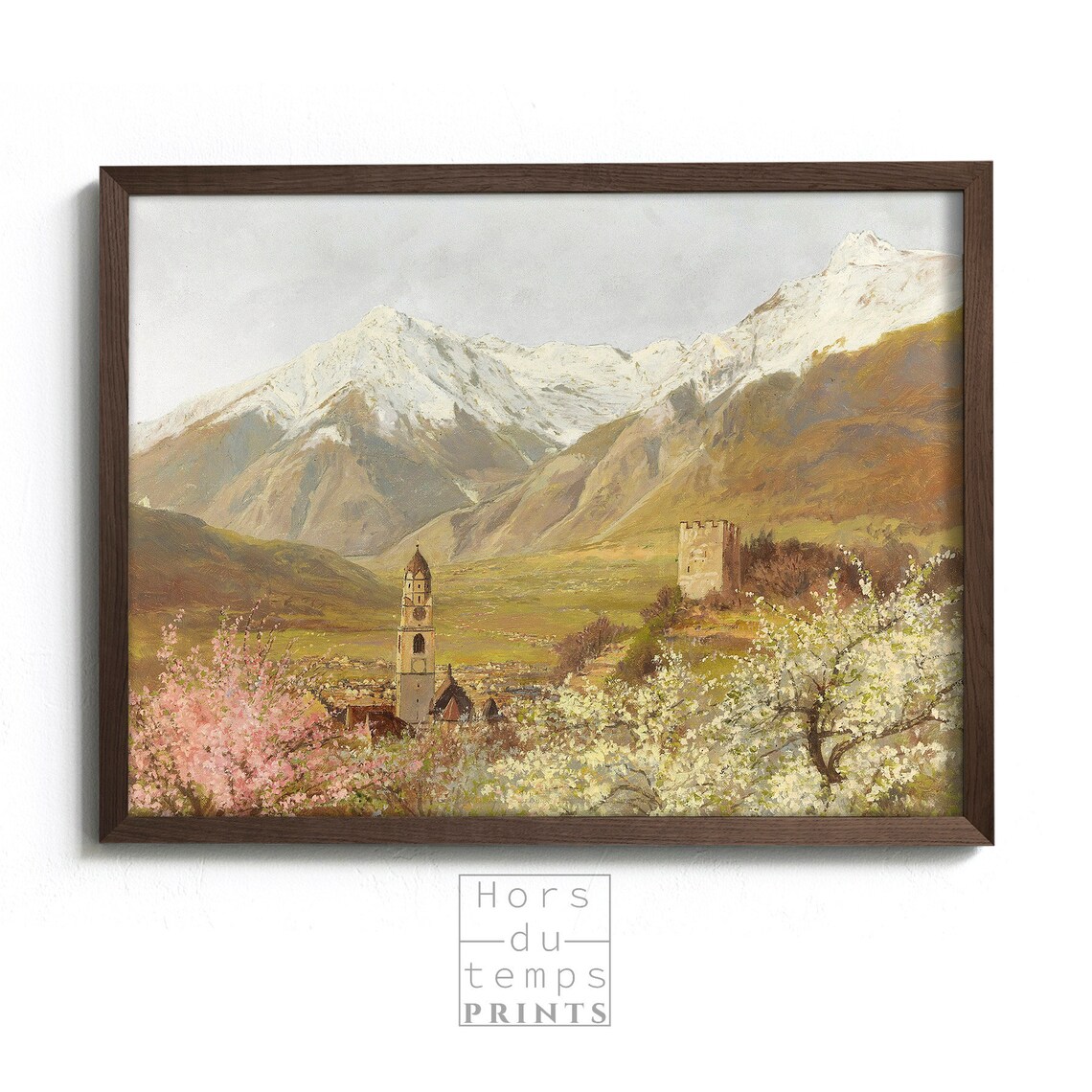Snow Capped Mountains Village Church Tower Blooming Orchards Spring Poster - Image 2