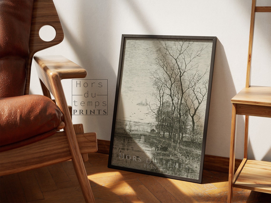 Bare Trees by Water Dark Etching Moody Vintage Landscape Poster - Image 2