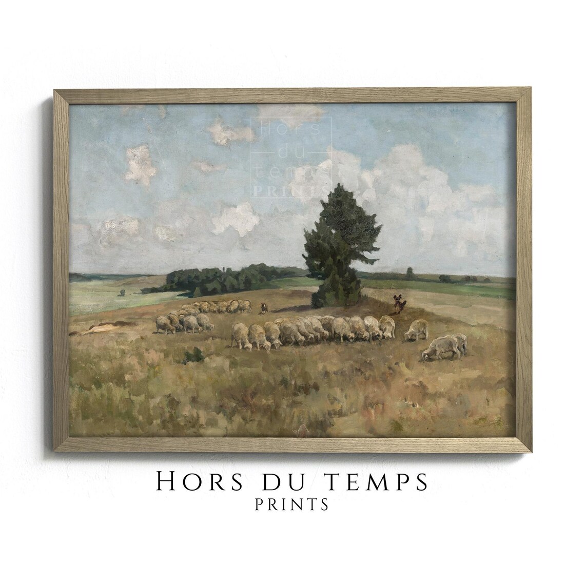 Flock of Sheep Golden Field Lone Tree Shepherd Vintage Pastoral Poster