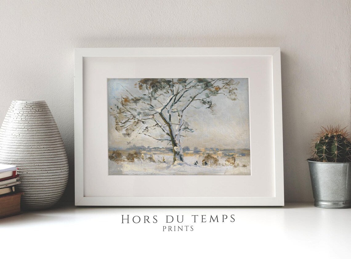 Lone Tree Snowy Field Impressionist Muted Winter Tree Oil Painting Poster - Image 2