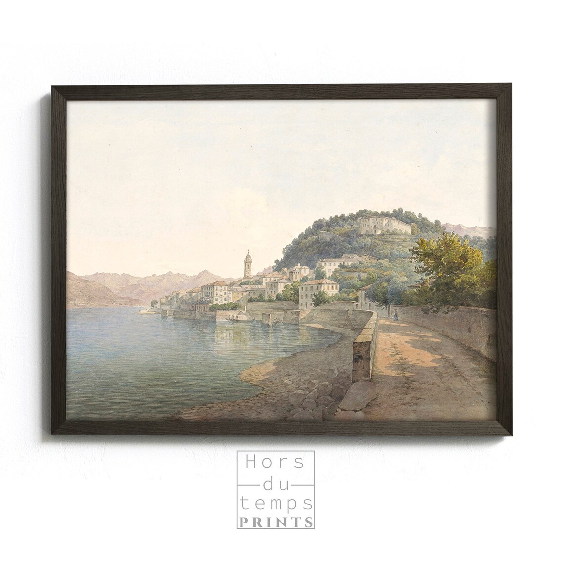 Lakeside Italian Town Church Tower Hillside Soft Watercolor Painting Poster - Image 2