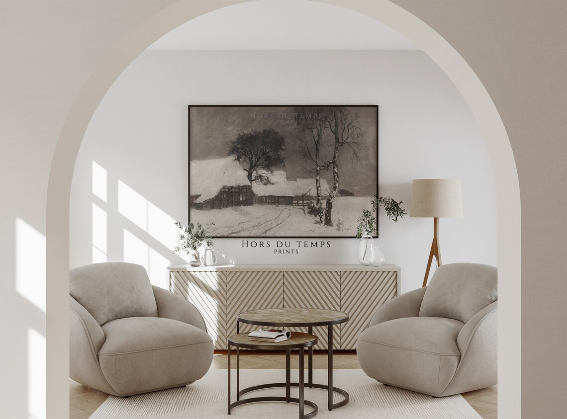 Moody Winter Village Farmhouse Monochrome Snowy Lane Antique Poster - Image 2