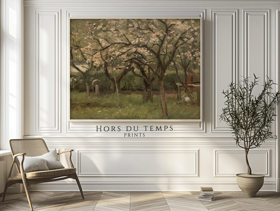 Blossoming Orchard Moody Vintage Spring Garden Landscape Poster - Image 2