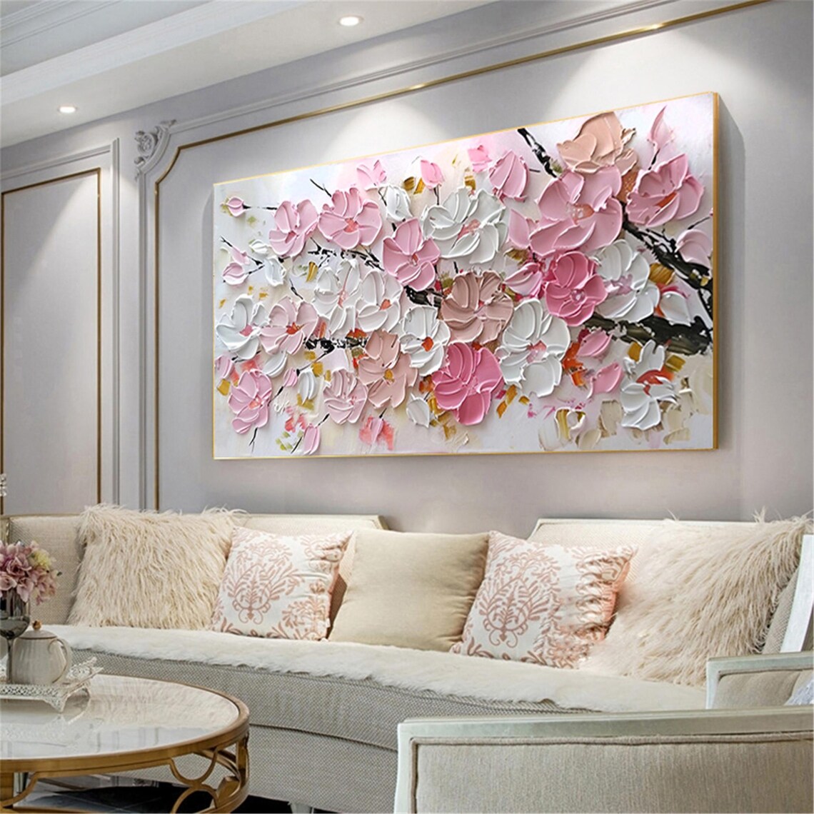 Pink White Cherry Blossom 3D Textured Floral Branch Painting Poster - Image 2