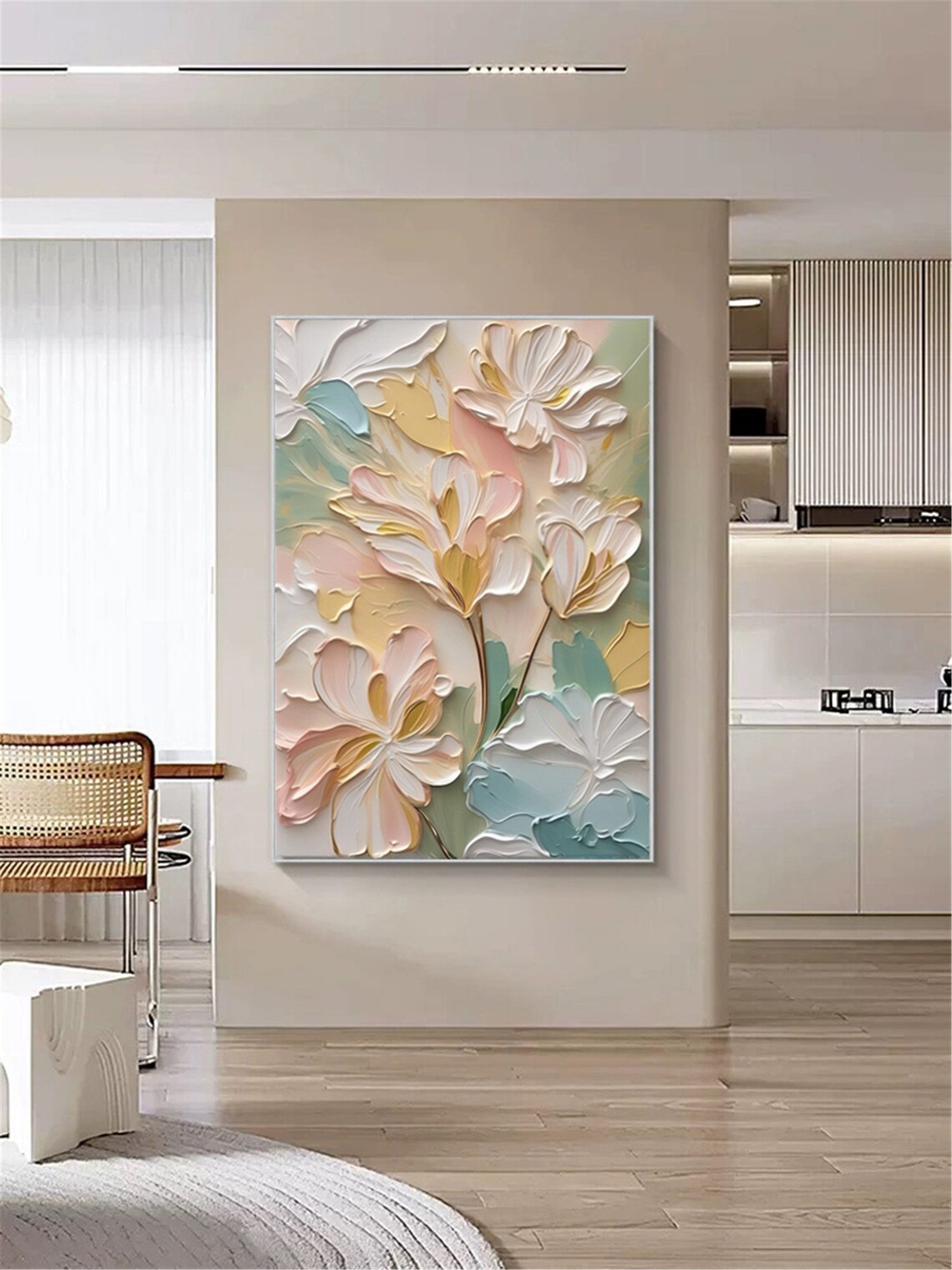 Cream Gold Lily Blossoms Sage Green Elegant Large Floral Wall Art - Image 3