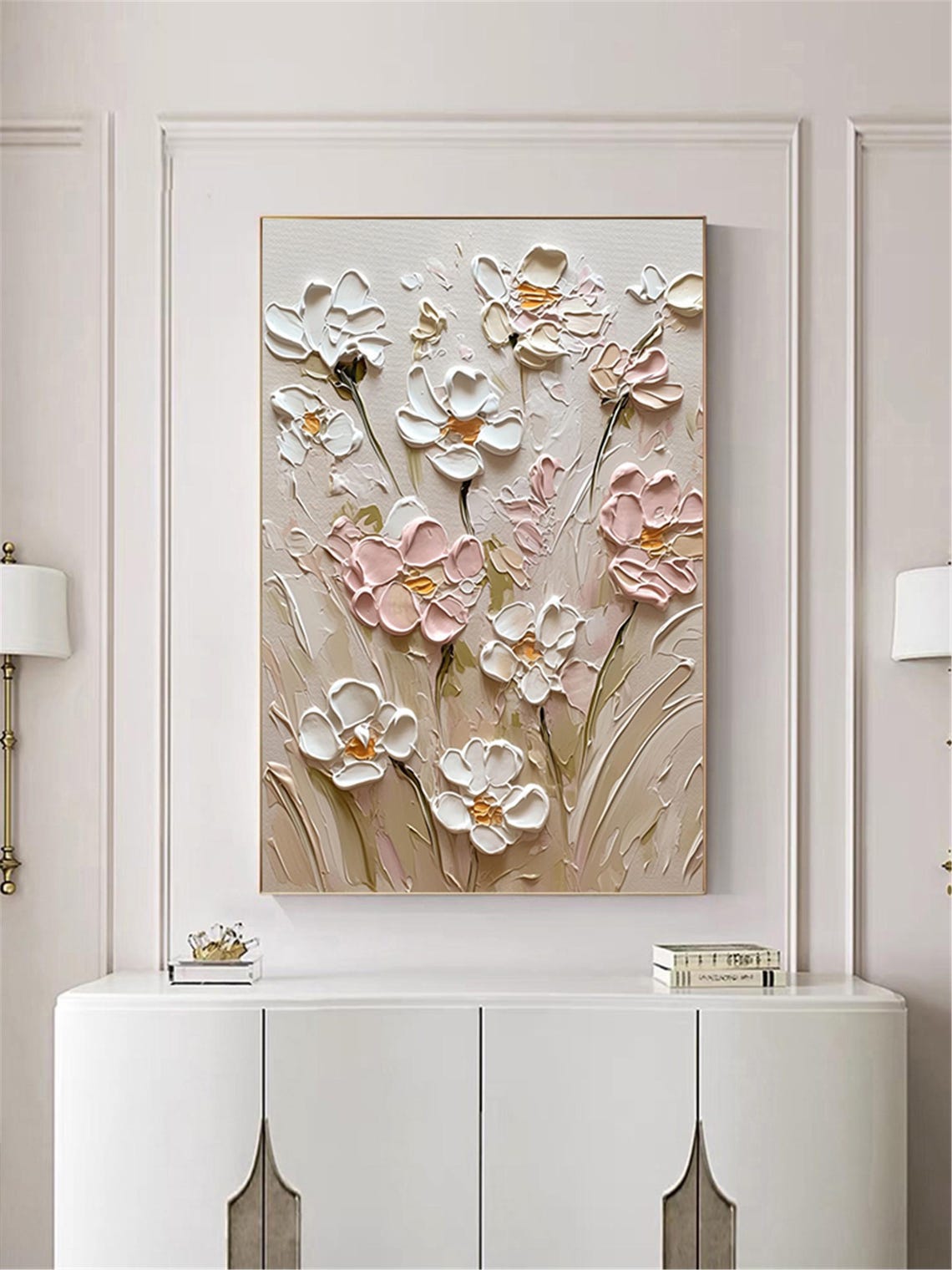 White Pink Blossom Dark Stems 3D Textured Floral Painting Poster - Image 4