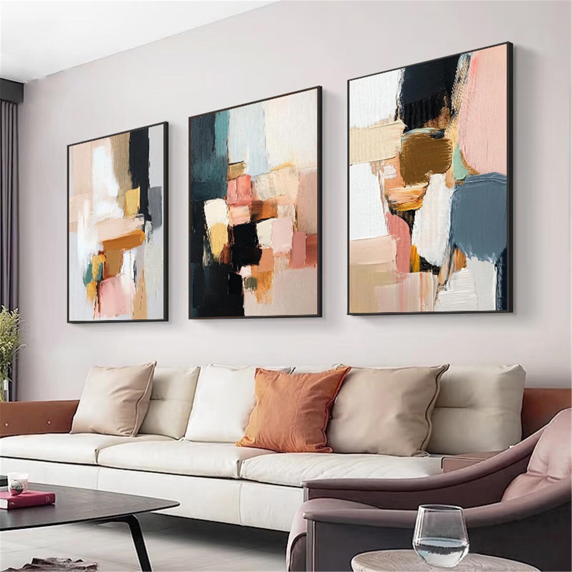 3 Pieces Pink Abstract Painting, Wabi Sabi Christmas Art Print - Image 3