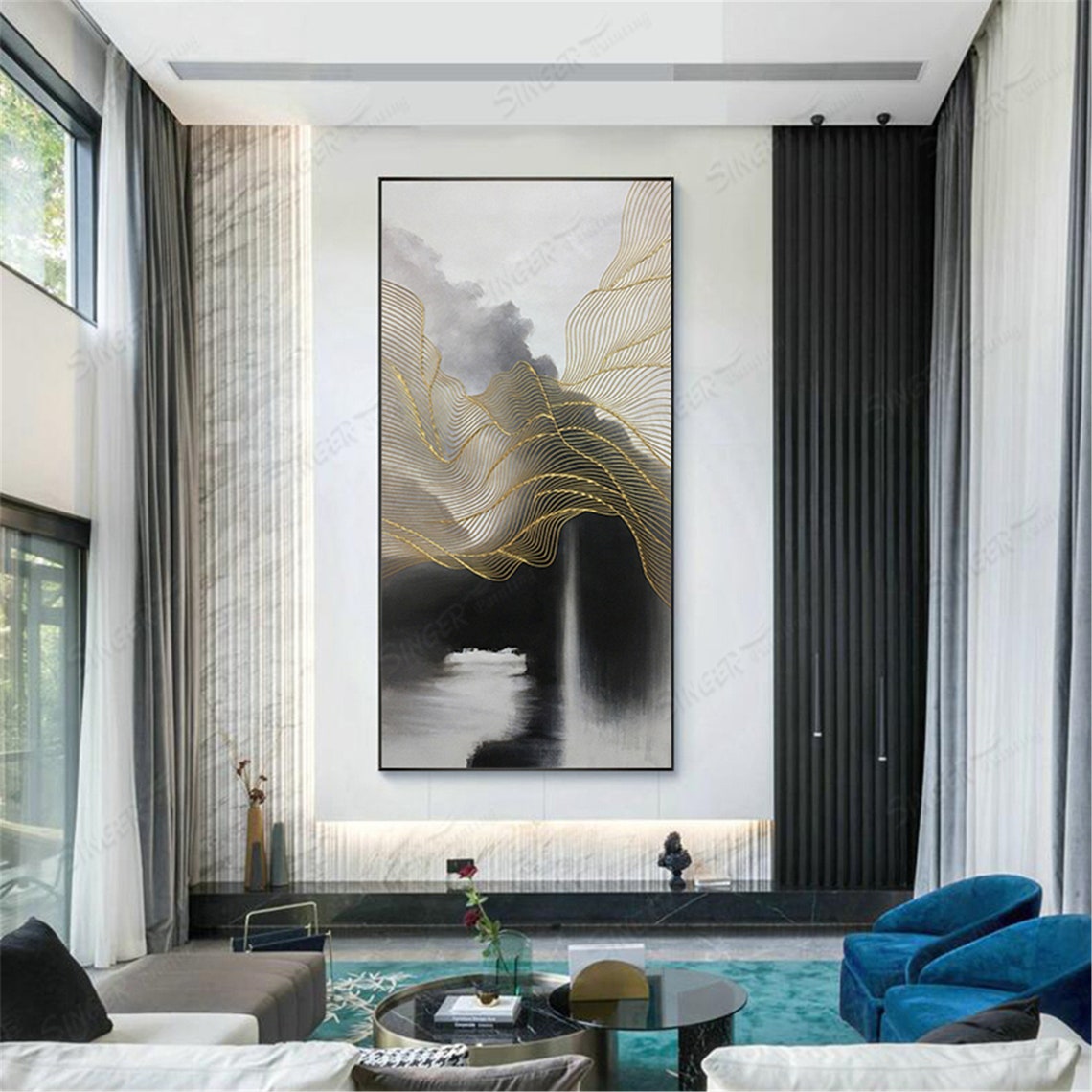 Gold Line Waves Over Misty Peaks Abstract Luxury Wall Art Poster - Image 3