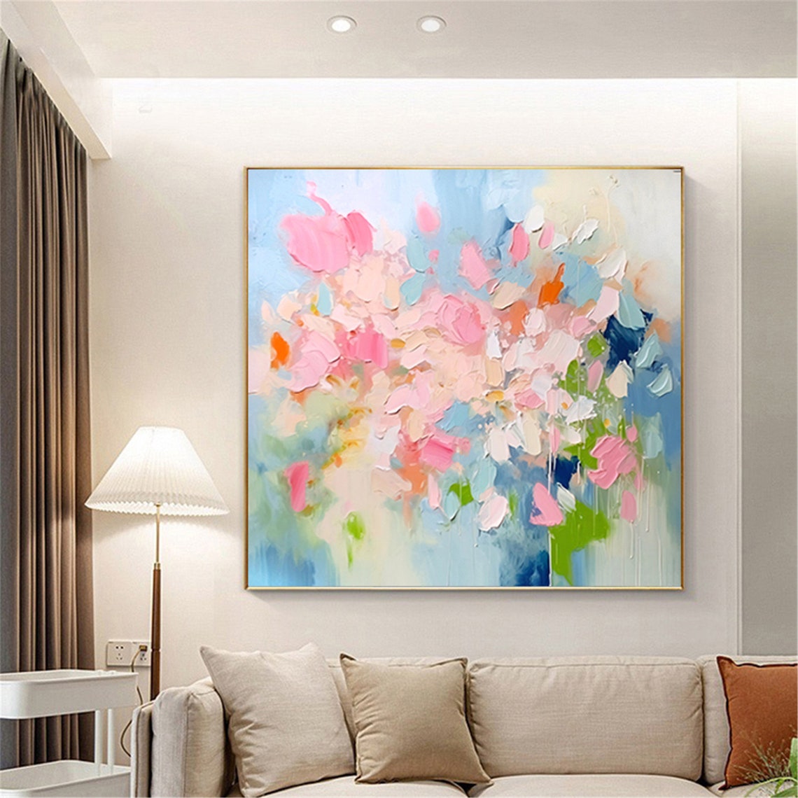 Pink White Blossom Burst Blue Green Abstract Floral Wall Art - Image 4