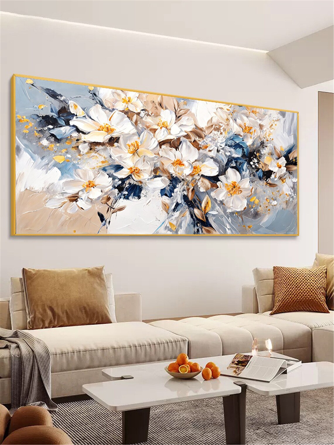 Cream White Wildflowers Blue Gold Accents Panoramic Floral Wall Art - Image 3