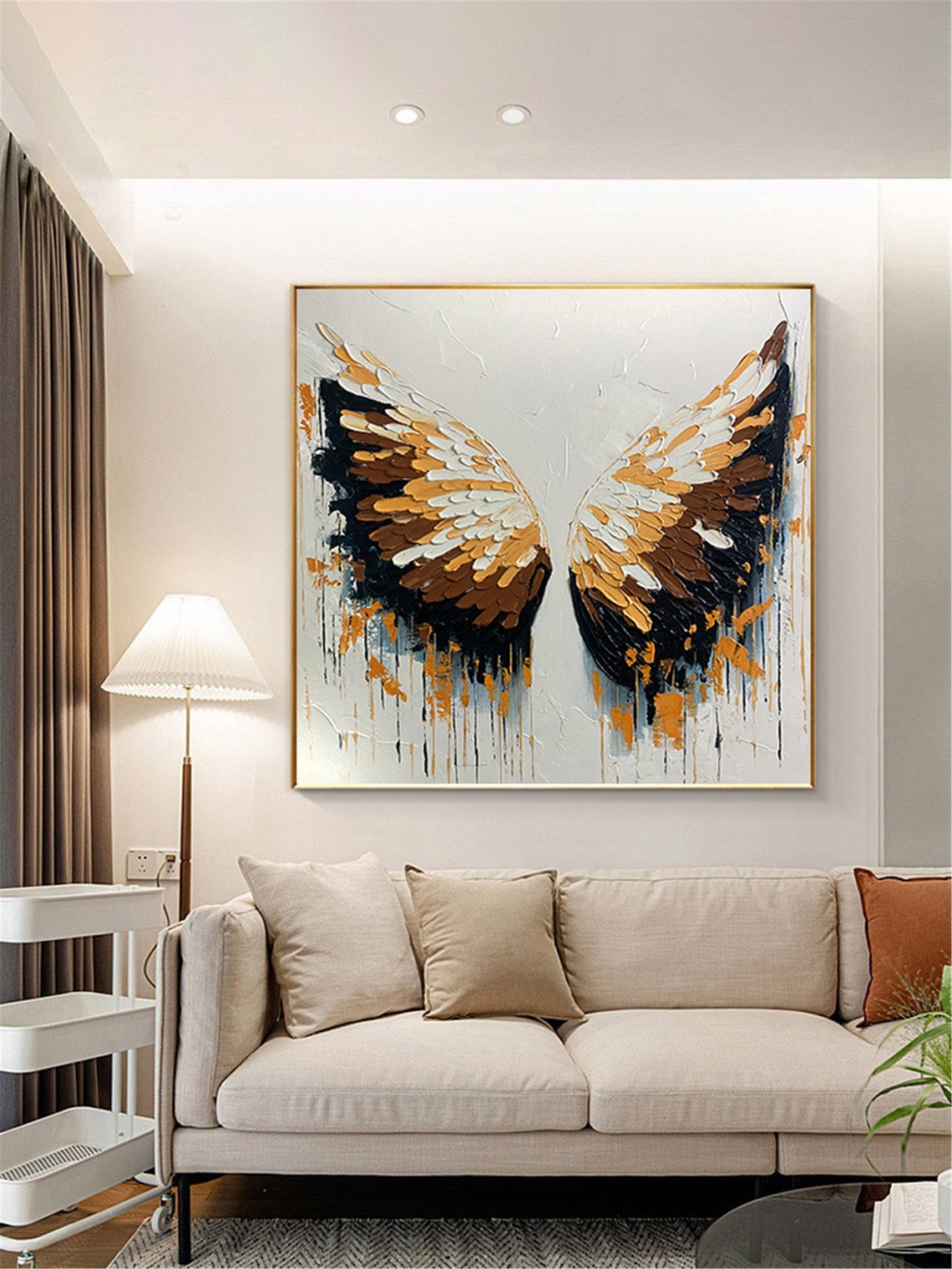 Golden Angel Wings 3D Textured Impasto Painting White Canvas Wall Art - Image 3