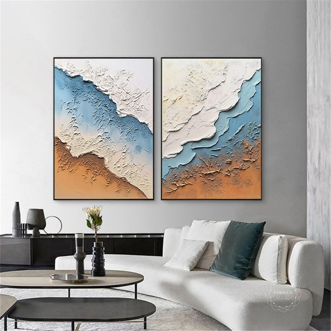 Two Piece Blue White Sea Waves Sandy Beach Diptych Coastal Wall Art - Image 3
